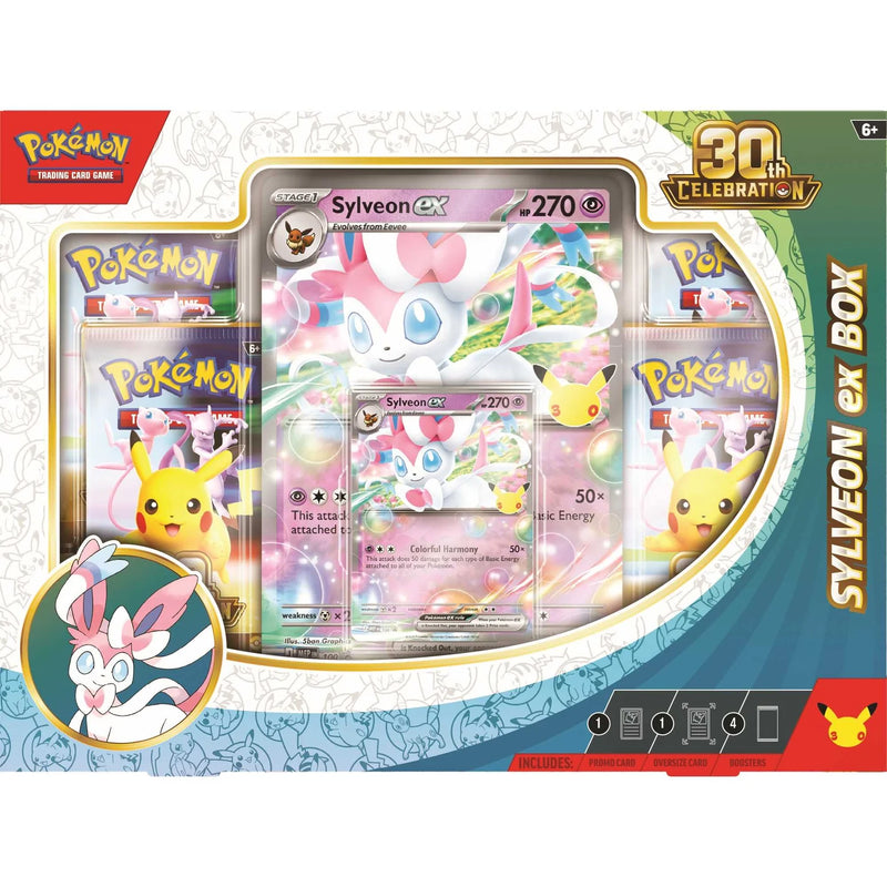 Pokémon TCG 30th Celebration Sylveon ex Box with promo card, oversize card and booster packs.