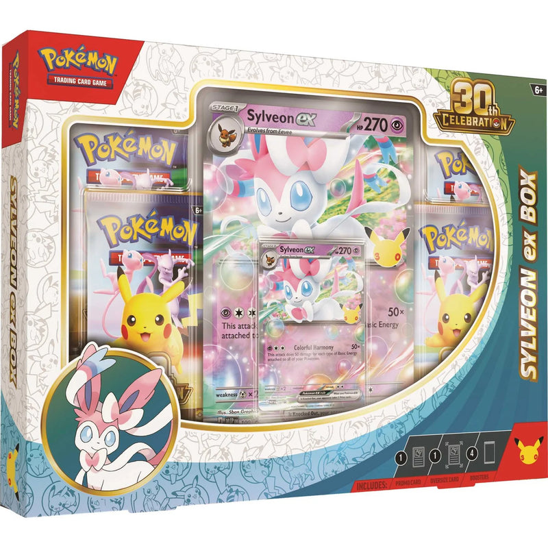 Pokémon TCG 30th Celebration Sylveon ex Box with promo card, oversize card and booster packs.