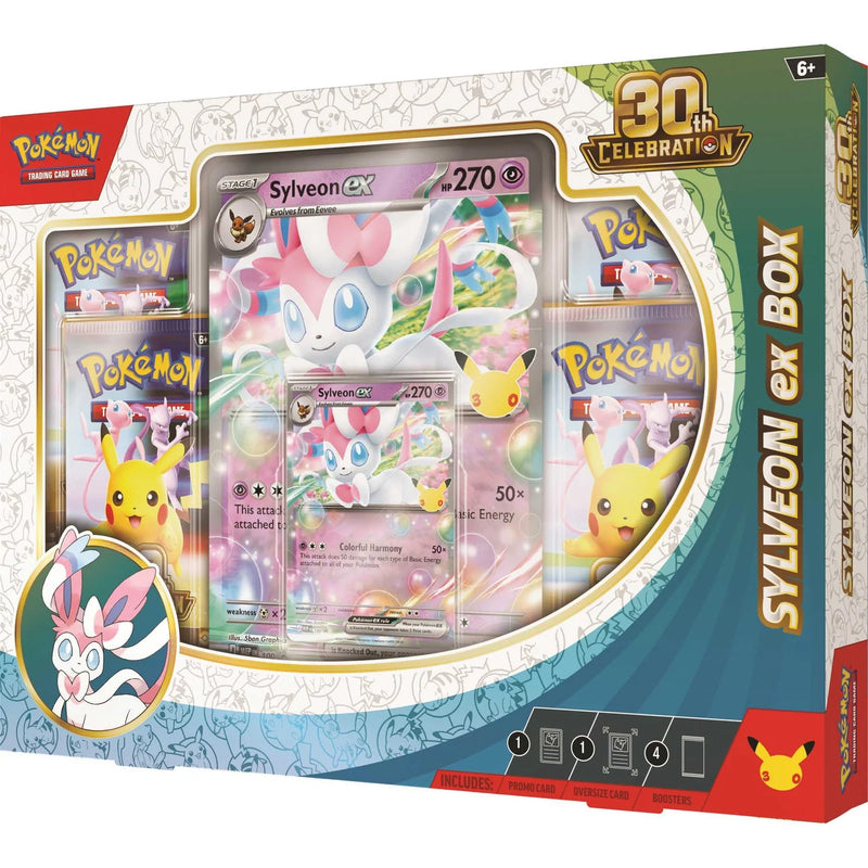 Pokémon TCG 30th Celebration Sylveon ex Box with promo card, oversize card and booster packs.