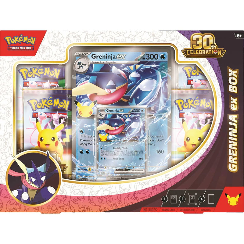 Pokémon TCG 30th Celebration Greninja ex Box with promo card, oversize card and booster packs.