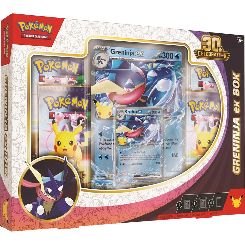 Pokémon TCG 30th Celebration Greninja ex Box with promo card, oversize card and booster packs.