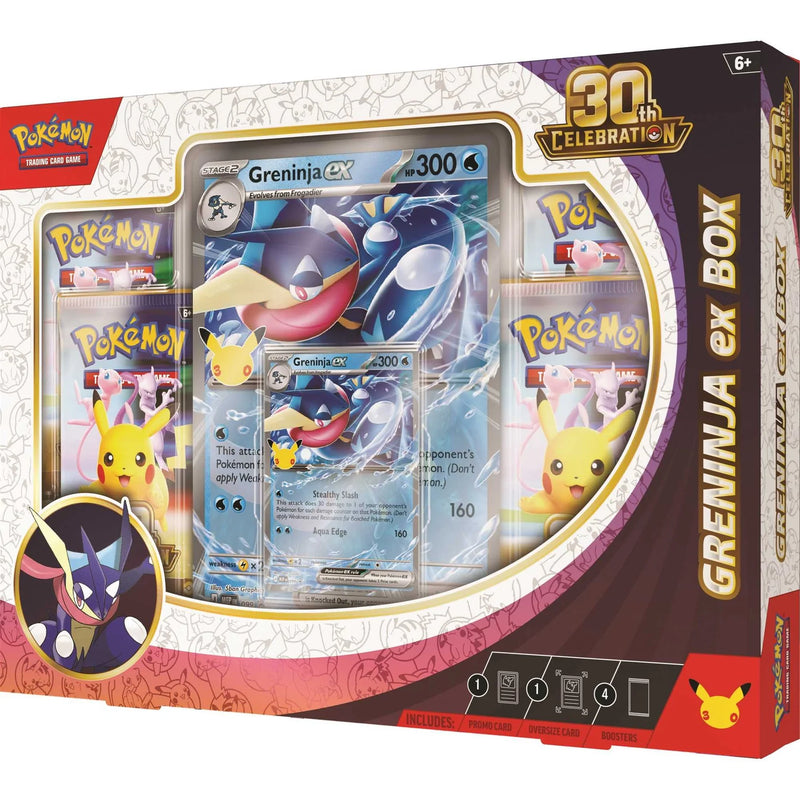 Pokémon TCG 30th Celebration Greninja ex Box with promo card, oversize card and booster packs.