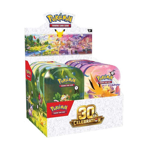 Pokémon TCG 30th Celebration Mini Tins Case containing 10 collectible tins featuring anniversary artwork.