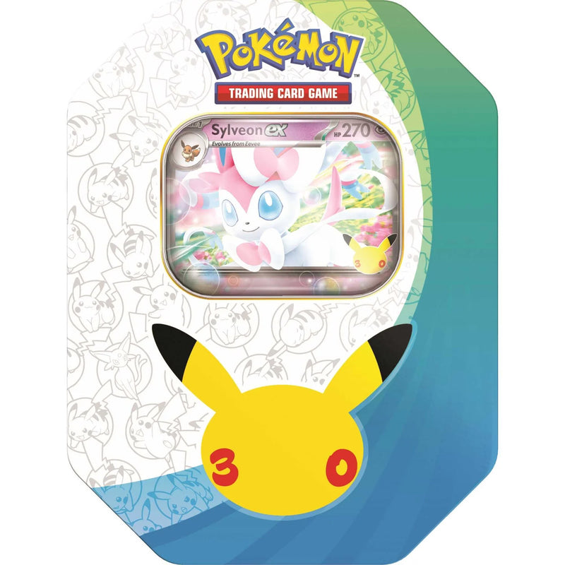 Pokémon TCG 30th Celebration Sylveon ex Tin packaging featuring Sylveon ex.