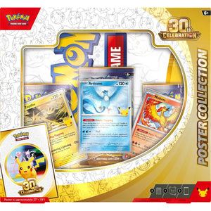 Pokémon TCG 30th Celebration Poster Collection packaging featuring the included poster and card products.
