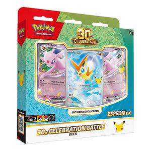 Pokémon TCG 30th Celebration Espeon ex Battle Deck packaging featuring Espeon artwork.