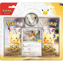 Pokémon TCG 30th Celebration Eevee 2-Pack Blister packaging featuring Eevee artwork, promo card and booster packs.