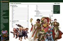 Table of contents and NPC core from a Pathfinder game book with colorful illustrations of characters.
