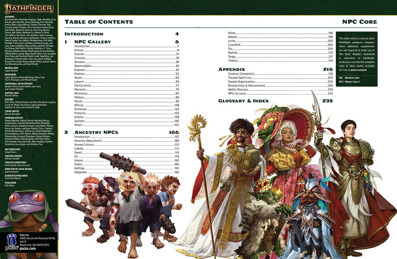 Table of contents and NPC core from a Pathfinder game book with colorful illustrations of characters.