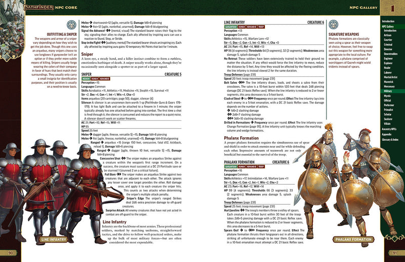 Gamebook or reference guide with character illustrations and text on a green background