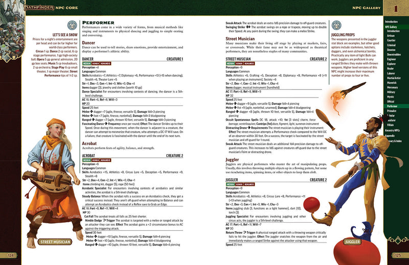 Gamebook or RPG resource with character descriptions and illustrations on a white background