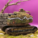 Model tank with a character on top against a purple background