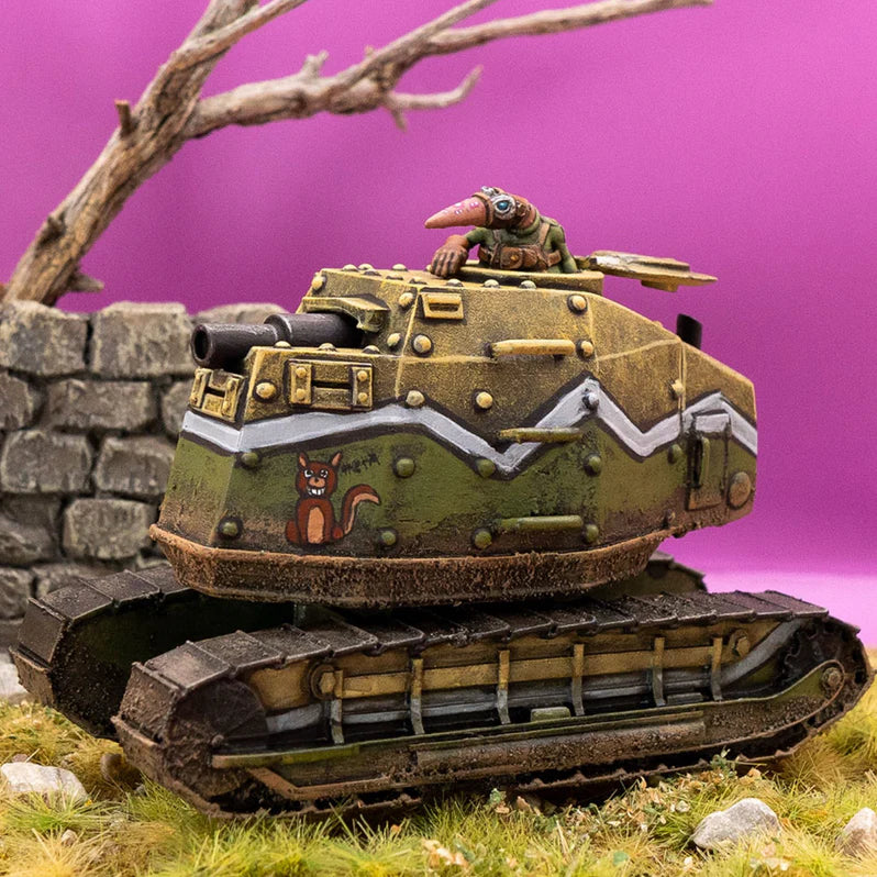 Model tank with a character on top against a purple background