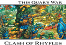 Illustration of a battle scene with soldiers in blue uniforms and red accents, set against a forest background.
