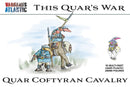 Box art for Quar Coftyran Cavalry figures from Wargames Atlantic with cartoon soldiers and elephant.
