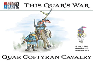 Box art for Quar Coftyran Cavalry figures from Wargames Atlantic with cartoon soldiers and elephant.