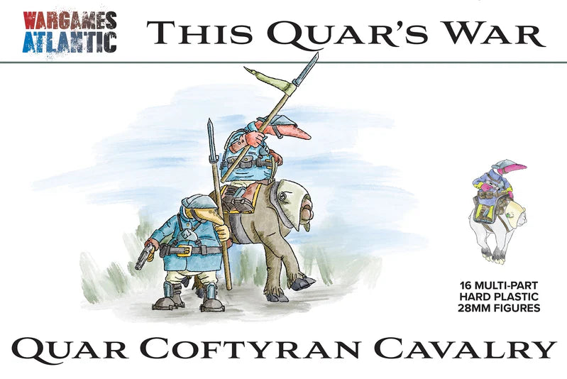 Box art for Quar Coftyran Cavalry figures from Wargames Atlantic with cartoon soldiers and elephant.