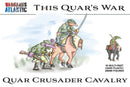Cartoon illustration of a Quar Crusader Cavalry figure with a horse, accompanied by text about Wargames Atlantic and product details.