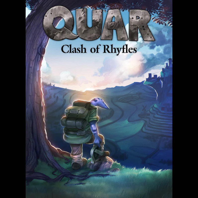 Cover of 'Quar: Clash of Rhyfles' with a character looking at a mountainous landscape.