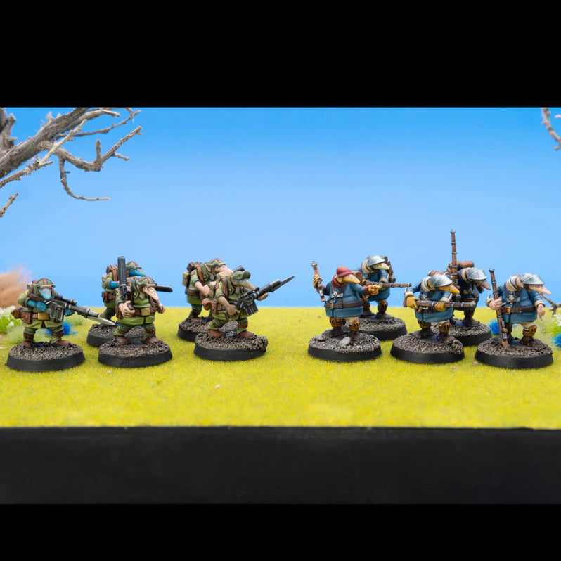 Row of miniature figures on a yellow and blue background