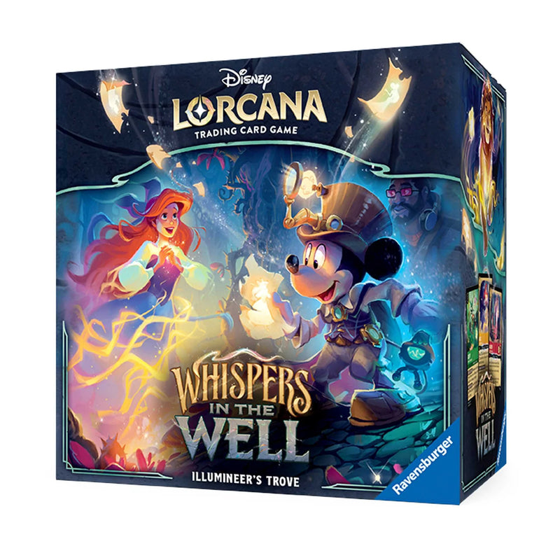 Disney Lorcana trading card game box with characters and 'Whispers in the Well' text on a white background