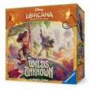 Disney Lorcana trading card game box with characters and 'Wilds Unknown' text on a white background