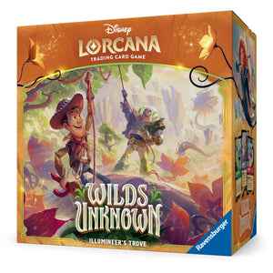 Disney Lorcana trading card game box with characters and 'Wilds Unknown' text on a white background