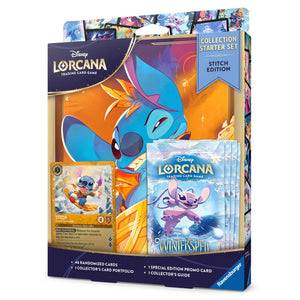 Disney Lorcana Winterspell Stitch Collection Starter Set 11 packaging with binder, promo card, and boosters.