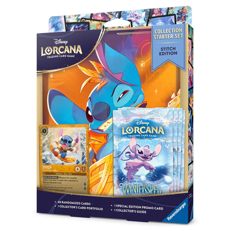 Disney Lorcana Winterspell Stitch Collection Starter Set 11 packaging with binder, promo card, and boosters.
