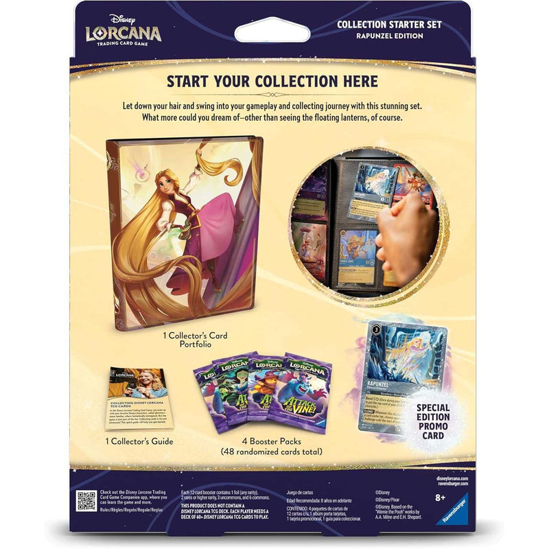 Disney Lorcana Attack of the Vine Set 13 Rapunzel Collection Starter packaging with binder, promo card and booster packs.