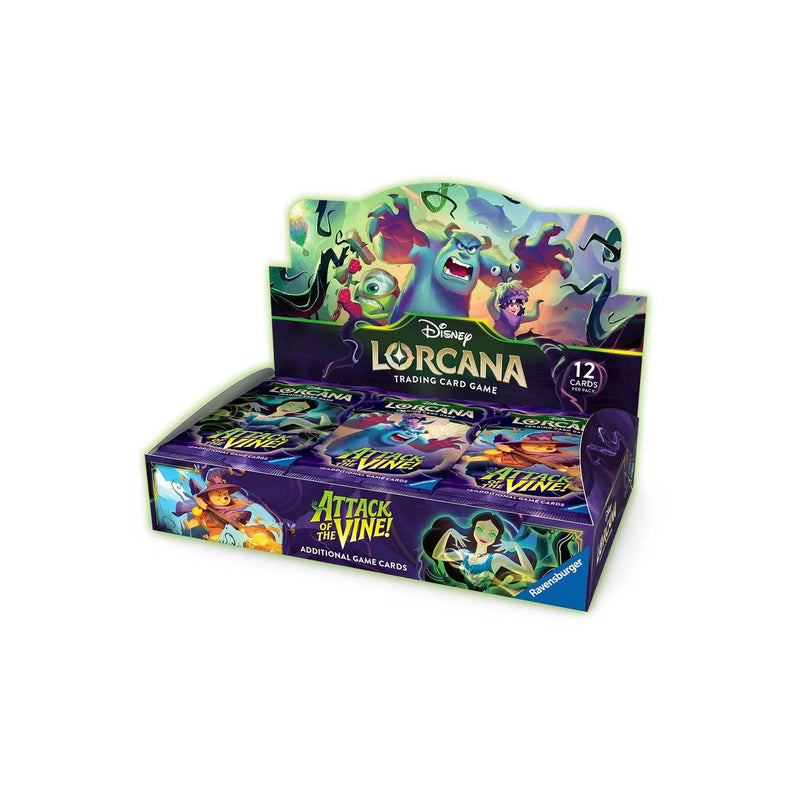 Disney Lorcana Trading Card Game Attack on the Vine! booster box display with multiple card packs inside, shown on a plain white background.