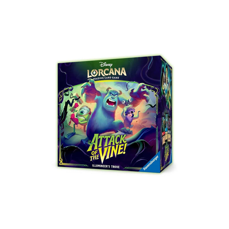 Disney Lorcana Trading Card Game box for Attack of the Vine!, featuring colorful cartoon artwork with Mike Wazowski and Sulley on a dark purple background, photographed on a light gray studio background.