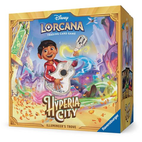 Disney Lorcana Hyperia City Set 14 Illumineer's Trove box packaging featuring official expansion artwork.