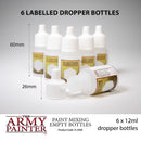 Six labeled dropper bottles with measurements and 'The Army Painter' branding on a gray background.
