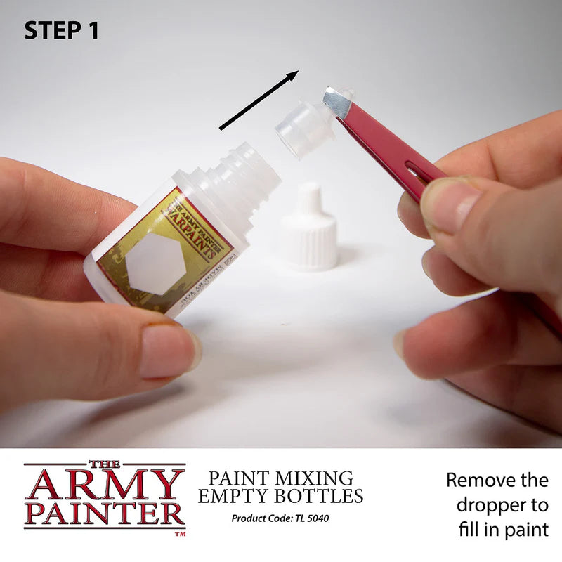 Step-by-step guide on using 'The Army Painter' paint mixing empty bottles with a dropper.
