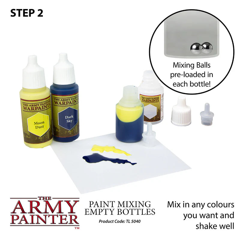 Paint mixing empty bottles with pre-loaded mixing balls from The Army Painter on a white background.