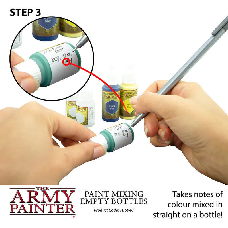 Step-by-step guide on using 'The Army Painter' paint mixing empty bottles with close-up of label details.