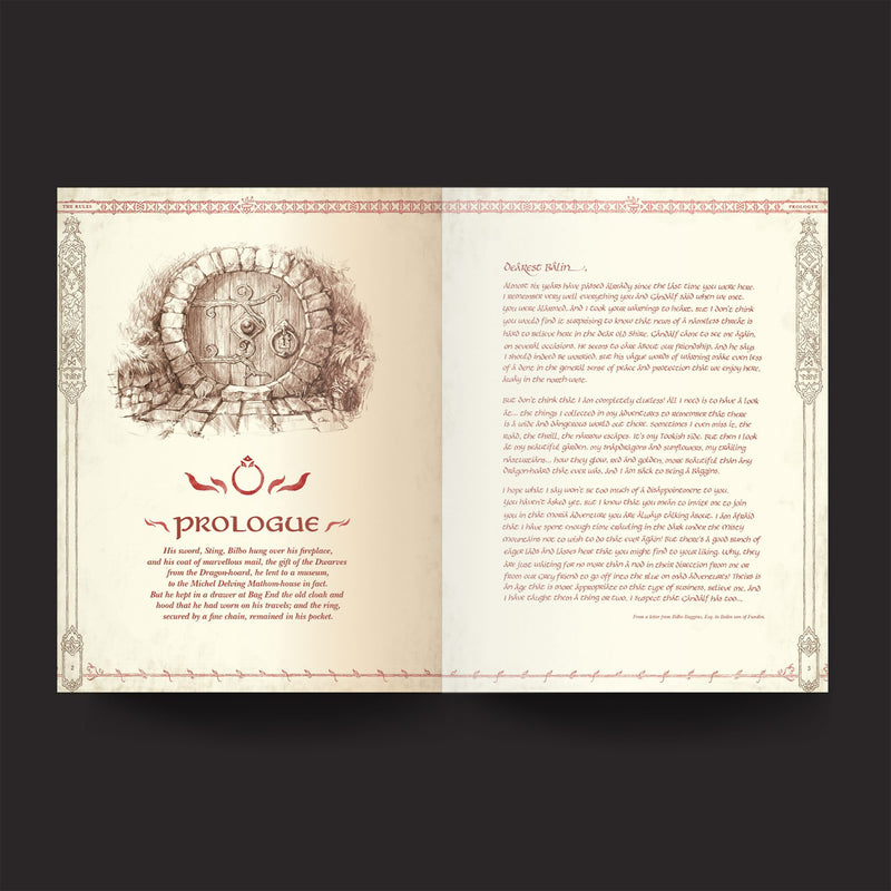 Open book with decorative cover and text on a dark background