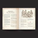 Open book showing a page with text and illustrations of rangers on a dark background