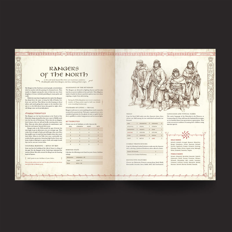 Open book showing a page with text and illustrations of rangers on a dark background
