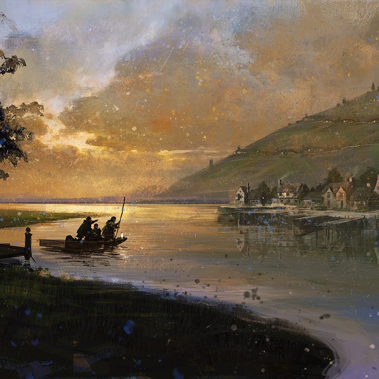 Painting of a serene lakeside scene with people in a boat at sunset.
