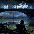 Silhouette of a person looking at a bridge with ghostly figures in a reflective body of water.