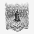 Illustration of a person in armor standing in a circle with other figures in the background