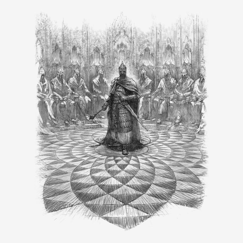 Illustration of a person in armor standing in a circle with other figures in the background