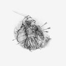 Black and white illustration of a warrior with a sword and shield surrounded by arrows on a light gray background
