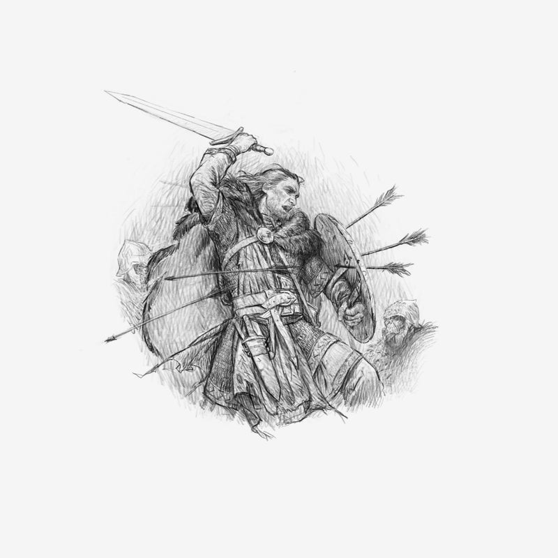 Black and white illustration of a warrior with a sword and shield surrounded by arrows on a light gray background