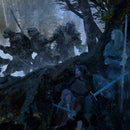 Two warriors in a forest at night, one holding a sword and the other a spear.