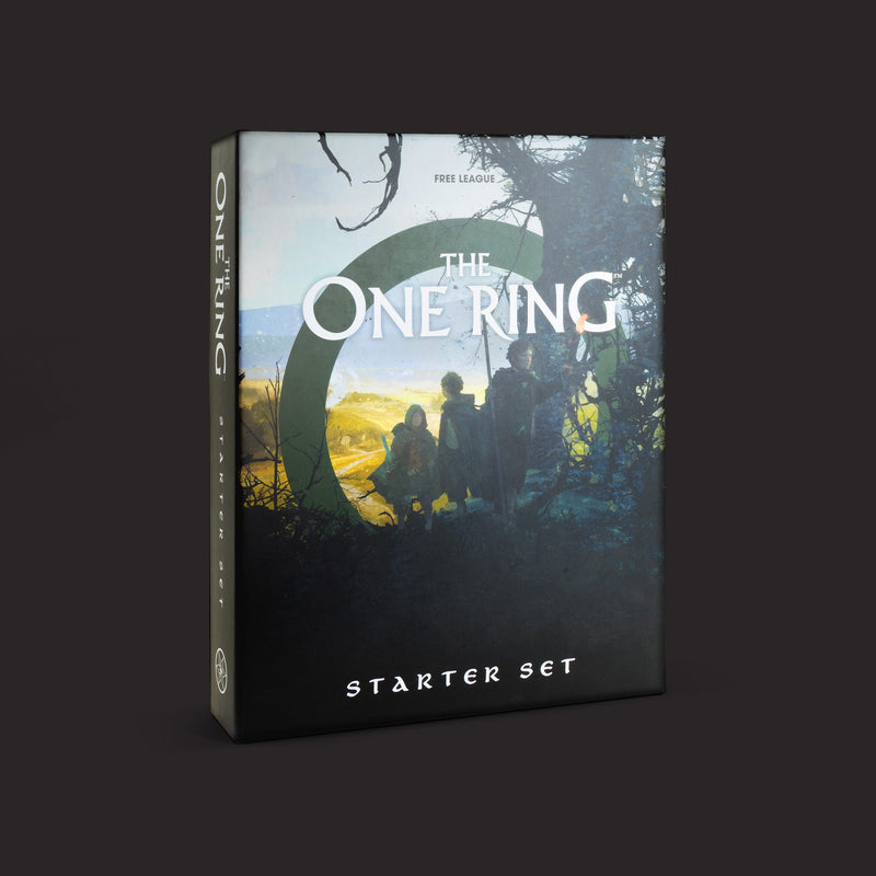 Game box for 'The One Ring' starter set with a dark background