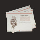 Stack of paper with character illustration and text on a dark background