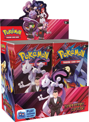 Pokemon Destined Rivals booster box packaging on a white background.
